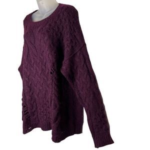 Free People Womens Oversized CableKnit Maroon Sweater DistressedAlpaca Size Sm